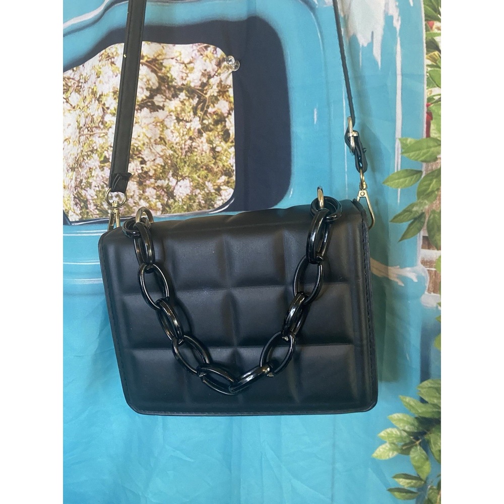 Black Chain Crossbody Bag Padded Maxi Faux Leather Small